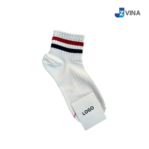 Custom <b>White</b> Crew <b>Socks</b> with Red and Navy Stripes 100% Cotton Breathable Knitted Sweat-Absorbent <b>Men's</b> Autumn Daily Wear - Product Image 1