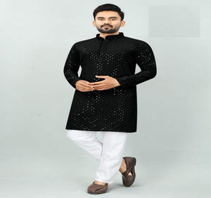 Men traditional rayon <b>kurta</b> with chikan work paired with cotton pajama for ethnic celebrations and daily festive use - Product Image 1