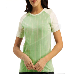 Camiseta de Manga Corta para Mujer, Cuello Redondo, Rayas Verdes y Blancas, Estilo Casual, Tejido de Punto, para Primavera/Verano - Product Image 1