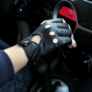 Classic Retro <b>Fingerless</b> Black Leather <b>Gloves</b> – Soft Sheepskin Perforated Design – Breathable Half-Finger Style for Cycling, - Product Image 6
