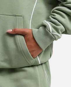 Vente en gros OEM – Sweat à capuche et sweat-shirt personnalisés pour femme en molleton de coton, coupe décontractée avec épaules tombantes et poche frontale, passepoil blanc contrastant - Product Image 5