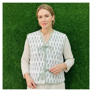 Chaleco Reversible Acolchado 100% Algodón Puro para Mujer, Estampado Floral, Sin Mangas, Hecho a Mano, con Lazos Delanteros, Chaqueta Ligera - Product Image 3