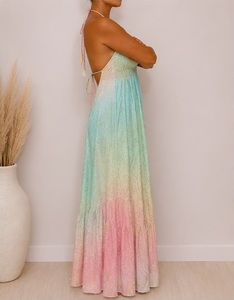 Boho V-neck Paisley 100% Silk <b>Elastic</b> Waist Backless Maxi <b>Dress</b> Woven Chiffon A-Line Regular Fit Summer Casual Floor-Length - Product Image 3
