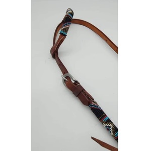 Cabestro de cuero marrón estilo occidental de una oreja, diseño geométrico con cuentas multicolor, herrajes plateados, el más vendido - Product Image 3