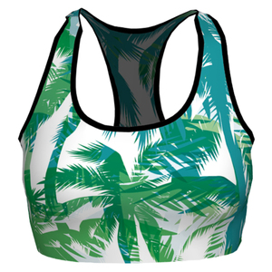 Sujetador deportivo tipo racerback para mujer con estampado de palmeras, soporte medio, ropa de yoga transpirable de spandex y poliéster con espalda de malla - Product Image 1