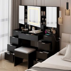 Grande Set da tavolo a 3 luci a LED con cassetti portaoggetti sgabello completo trucco nero vanità ammortizzato mensole per camera da letto - Product Image 4
