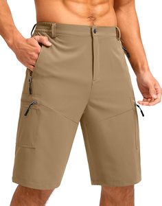 Men's Solid Color Cargo Shorts Elastic Waist Quick Dry Bermuda Shorts With Zip Pockets Casual Style - Product Image 3