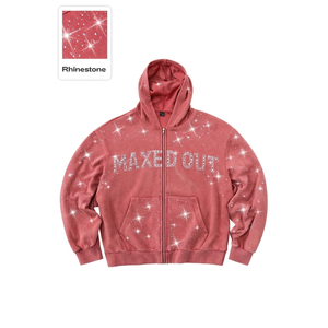 เสื้อฮู้ดซิปประดับเพชรเทียมแบบกำหนดเอง ผ้าฟลีซหนานุ่ม ทรงโอเวอร์ไซส์ สไตล์ Y2K สตรีทแวร์วิบวับ เสื้อฮู้ดผู้ชาย ขายส่ง - Product Image 2
