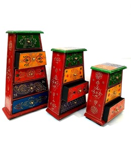 Handmade Wooden Chest With 4 Drawers Traditional Painted <b>Storage</b> <b>Box</b> Red Green Orange <b>Blue</b> Decorative Design - Product Image 1