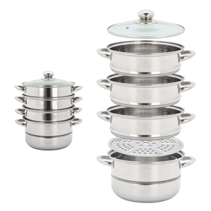 Olla vaporera grande de acero inoxidable con tapa de vidrio templado, base multicapa y asas de tacto frío y cómodo. - Product Image 3