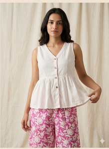 Conjunto de Dos Piezas Casual de Verano para Mujer, Top Peplum sin Mangas con Cuello en V de Algodón Blanco y Pantalones Anchos con Estampado Floral Rosa - Product Image 5