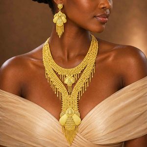 Wholesale 14K18K24K Micron <b>Gold</b> Filled Turkey & Dubai Style Wedding Necklaces <b>Set</b> Traditional Design Bridal Fashion Jewelry <b>Set</b> - Product Image 3