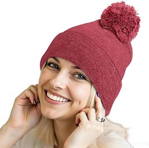 Red Knitted Beanie <b>Hat</b> With Pom Pom For <b>Men</b> <b>Winter</b> Warm Casual Cap 100 Acrylic Hand Made Solid Color Adult Size 56 58CM - Product Image 4