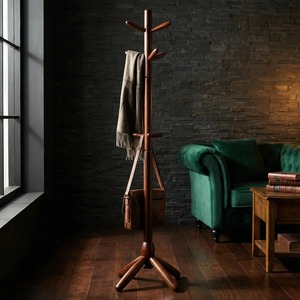 Porte-manteau en bois avec crochets et étagère pour rangement d'entrée, style rustique, sur pied, design à un seul niveau - Product Image 3