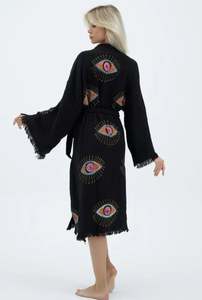 2026 Robe longue kimono en coton, motif œil protecteur, imprimée à la main, style ethnique bohème, vêtement de plage, veste hippie, peignoir de festival pour femme - Product Image 3