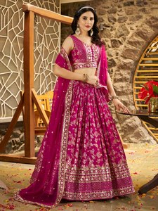 Bollywood <b>Bride</b> Floor-Length A-Line Wedding <b>Gown</b> Faux Georgette Embroidered Lehenga Set Sleeveless Dupatta Party Outfit - Product Image 3