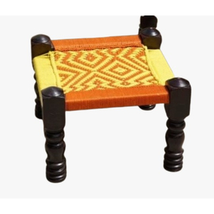 Handwoven Deep Green & White Rope Wooden Peeda <b>Stool</b> Ottoman Bone Inlay Console for Bedroom Garden Farmhouse - Product Image 3