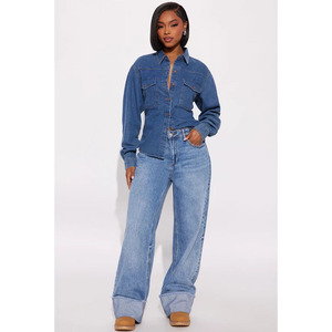 <b>Women</b> Denim <b>Shirt</b> 100% Cotton Long Sleeve <b>Button</b> <b>up</b> Double Pocket Vintage Wash American Streetwear Casual Blue Tops - Product Image 2