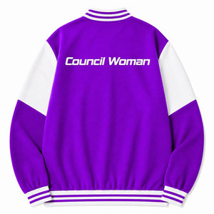 เสื้อแจ็คเก็ตนักศึกษาหญิง NCVW สีม่วงขาว ปักลายตัวอักษรกรีก สไตล์บอมเบอร์ แบบวิทยาลัย พร้อมป้ายปักลาย - Product Image 3