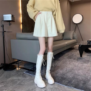 High Waisted White Corduroy <b>Shorts</b> <b>Women</b> Loose Fit Solid Color Button Fly Casual Pants <b>Short</b> Skirt Style Breathable Woven Fabric - Product Image 4