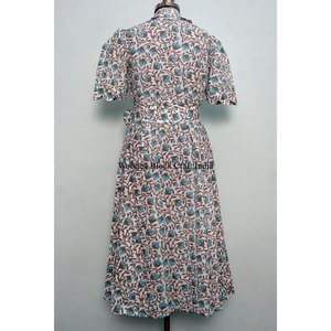 Vestido Midi de Verano con Estampado Floral de Diseño Vintage, Manga Corta, Informal, de Algodón, con Cinturón, para Mujer, Venta al por Mayor y Fabricación - Product Image 6
