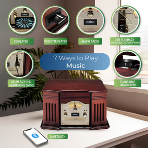 All-in-One Vintage Turntable, 3-Speed Record Player, <b>Bluetooth</b>, CD & Cassette Player, AM/FM Radio, USB Recording - Product Image 4