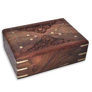 Handcrafted Rosewood Jewelry <b>Box</b> Vintage Round Brass Inlay Floral Carved Wooden <b>Keepsake</b> Chest Small Square Trinket Organizer - Product Image 3