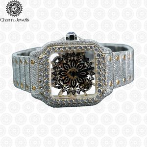 Montre de luxe pour homme Charm_Jewells en acier inoxydable, boîtier rond de 40 mm, mouvement mécanique, cadran en verre, accents de diamants, bracelet en cuir - Product Image 1
