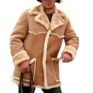 Men's Brown Genuine <b>Leather</b> Shearling <b>Coat</b> Notched Lapel Fur Collar Long Winter Jacket - Product Image 2
