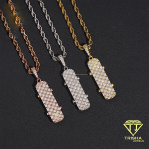 Hip Hop Skateboard Moissanite Diamond Pendant Necklace Made with 925 Sterling Silver Iced Out Baguette Stones and <b>Rope</b> <b>Chain</b> - Product Image 1