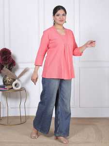 Elegant Women <b>Peach</b> Pink Casual Lace V-neck Short Sleeve 100% Cotton Breathable Tunic Kurti Style for B2B Buyer - Product Image 2