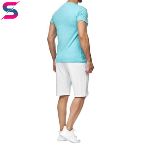 Conjunto de Camiseta y Pantalones Cortos de Verano para Hombre, Cómodo, Casual, Cuello Redondo, Bloques de Color Azul Claro y Blanco, Tejido Transpirable - Product Image 3