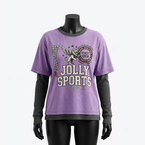 Women cotton double layer t shirt breathable soft <b>purple</b> tone inner sleeve layer puff print custom logo Double Layer Shirts - Product Image 1