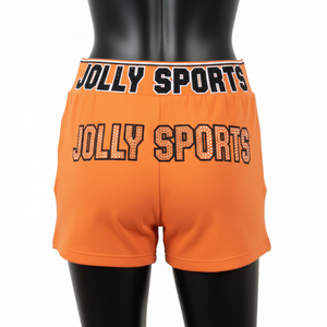 Shorts deportivos premium para mujer, 220 GSM, poliéster y spandex, tejido transpirable, color naranja, con logo personalizado por transferencia térmica. - Product Image 2