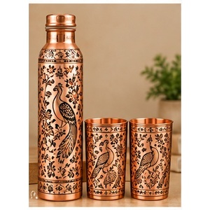 Ensemble de bouteilles d'eau en cuivre avec motif floral vert et or rose, vaisselle portable pour les voyages - Product Image 3