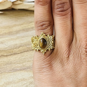 Antique Vintage Style Brass <b>Ring</b> Tiger Eye Chunky Gold Plated <b>Statement</b> <b>Ring</b> Tribal Ethnic Design Handmade Textured Wholesale - Product Image 4