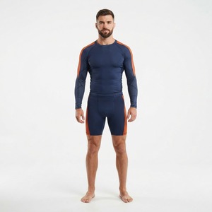 Ensemble haut et short de compression à manches longues pour homme, couleur marine et orange, blocs de couleurs, évacuation de l'humidité, coupe ajustée, vêtements de MMA - Product Image 1