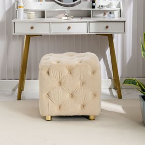 Elegante Pouf Moderno in Velluto Beige, Morbido Poggiapiedi e Comoda Sedia per Trucco con Seduta Imbottita - Product Image 6