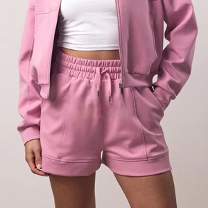 Nouveau short en molleton rose pour femme avec cordon de serrage à la taille, poches, style décontracté, coupe régulière, taille mi-haute, couleur unie, tissu tricoté - Product Image 1
