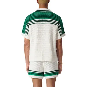 Custom Fashion Men's Cotton Knitwear Cardigan Green And White With Pockets Short Sleeve Shorts Men's Knitted Shirt