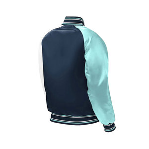 Men Navy Blue Satin Bomber <b>Jacket</b> With <b>Light</b> Blue Sleeve Stripes Casual Regular Fit - Product Image 4
