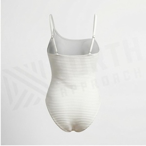 Traje de Baño Entero Acanalado Blanco para Mujer, de Spandex y Nylon, Estilo Bandeau sin Tirantes, Diseño Elástico Tejido de Color Liso - Product Image 2