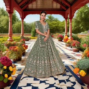 Lehenga Choli de Tela con Bordado Floral Intenso, Borde Festoneado, Blusa a Juego y Dupatta Elegante para Eventos Especiales - Product Image 1