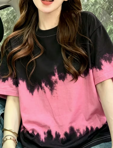 Plus Size Women's <b>Patchwork</b> Anti-Wrinkle O-Neck Pullover Short Sleeve 100% Cotton Casual Summer Knit Tee - Product Image 1