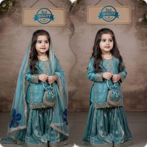 Ensemble Sharara vert pour enfants avec Kurti, Dupatta et tenue ethnique pour les fêtes de mariage des filles - Product Image 3
