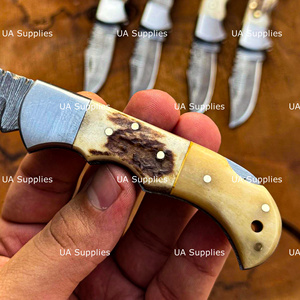 Cuchillo de bolsillo plegable de acero de Damasco hecho a mano de grado industrial con bloqueo trasero, mango de cuerno de ciervo y punta caída, directo de fábrica, de UA Supplies - Product Image 6