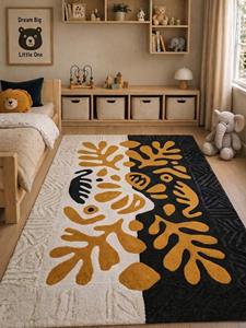 Alfombra de Lana con Diseño Botánico Abstracto en Negro Mostaza y Marfil, Motivo de Hojas Orgánicas, Antideslizante, Ecológica, de Pelo Grueso, Moderna - Product Image 3