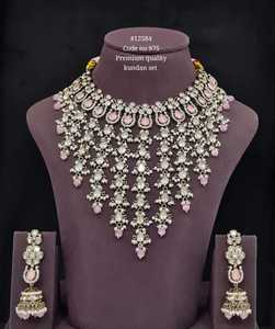 12584Premium Kundan Necklace and Earring <b>Set</b> with Red Zircon and Imitation <b>Pearls</b> Mehandi Plated Vintage Style for Wedding Wear - Product Image 5