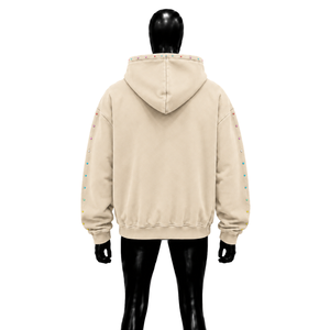 Sudadera con capucha extragrande beige para hombre al por mayor, de color liso con pedrería, de algodón French Terry, estilo otoñal, con efecto desgastado. - Product Image 2