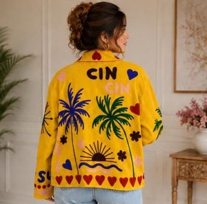 เสื้อแจ็คเก็ตปักลายซูซานีสีเหลืองสดใส ลวดลายสวยงาม โดดเด่นเป็นเอกลักษณ์ สไตล์โบฮีเมียน เหมาะสำหรับงานเทศกาลและกิจกรรมต่างๆ - Product Image 3